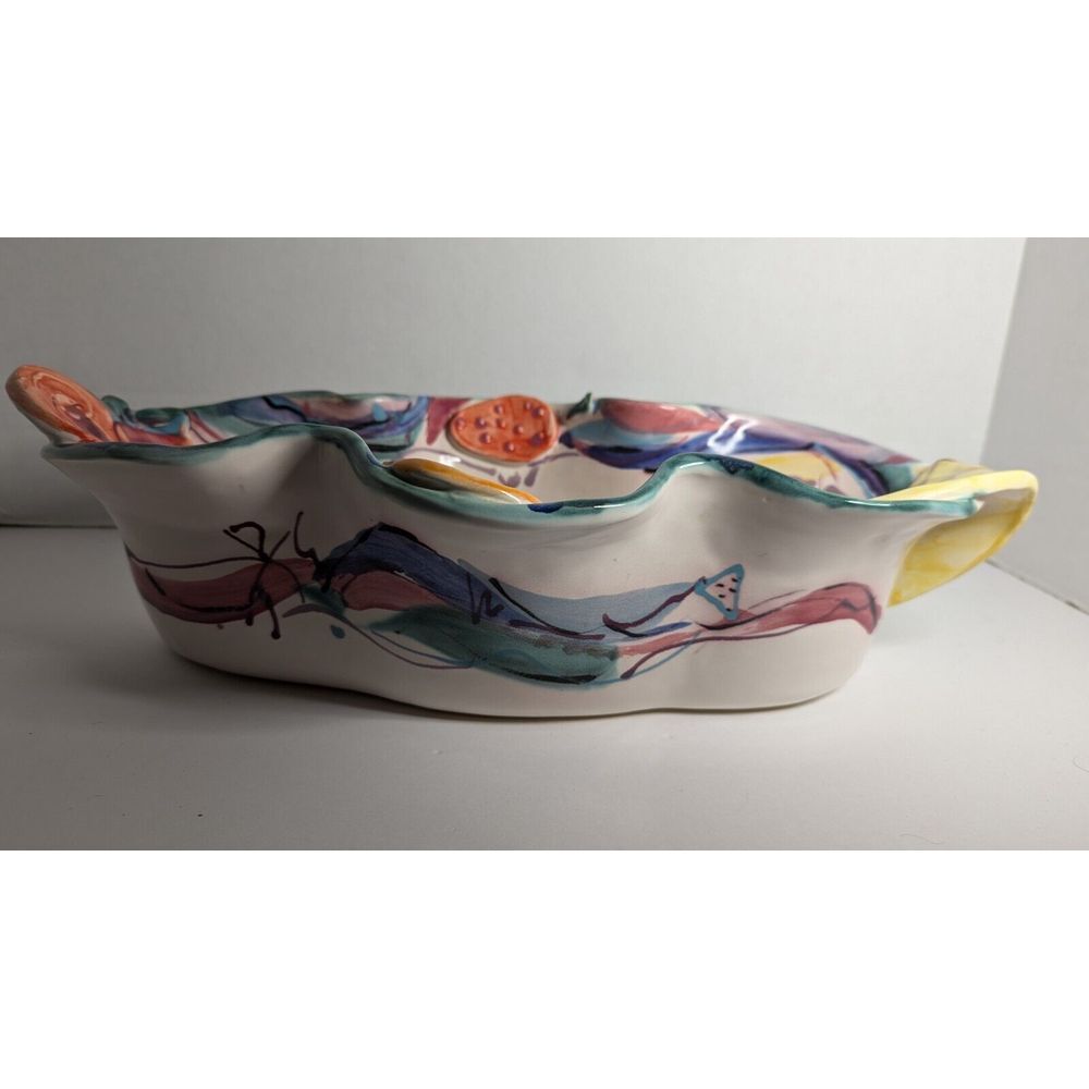 VTG Clay and Color Studio serving bowl Art Pottery Handles Abstract fruit